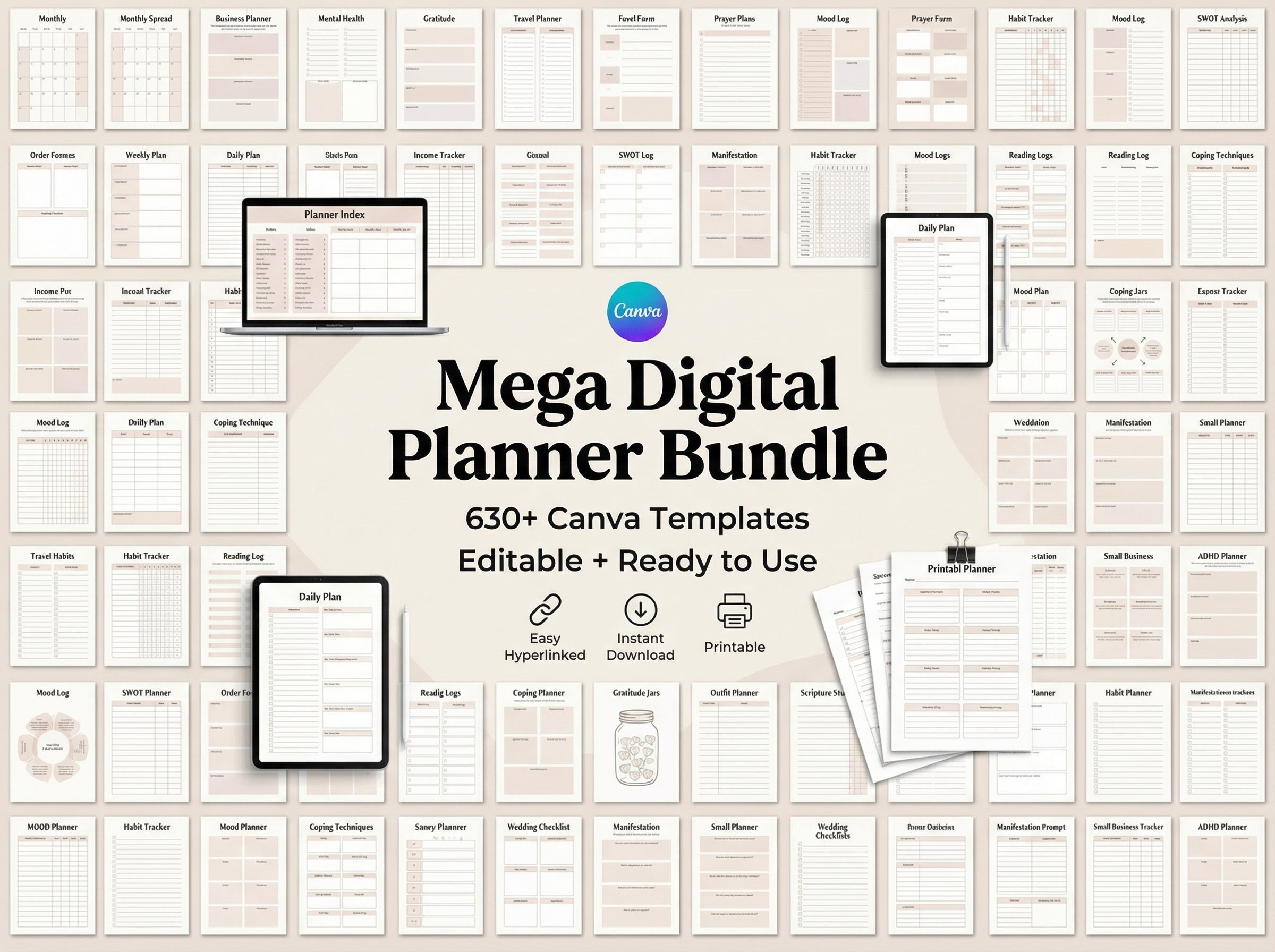 Mega Digital Planner Bundle, 630+ Canva Templates, PDF JPG PNG