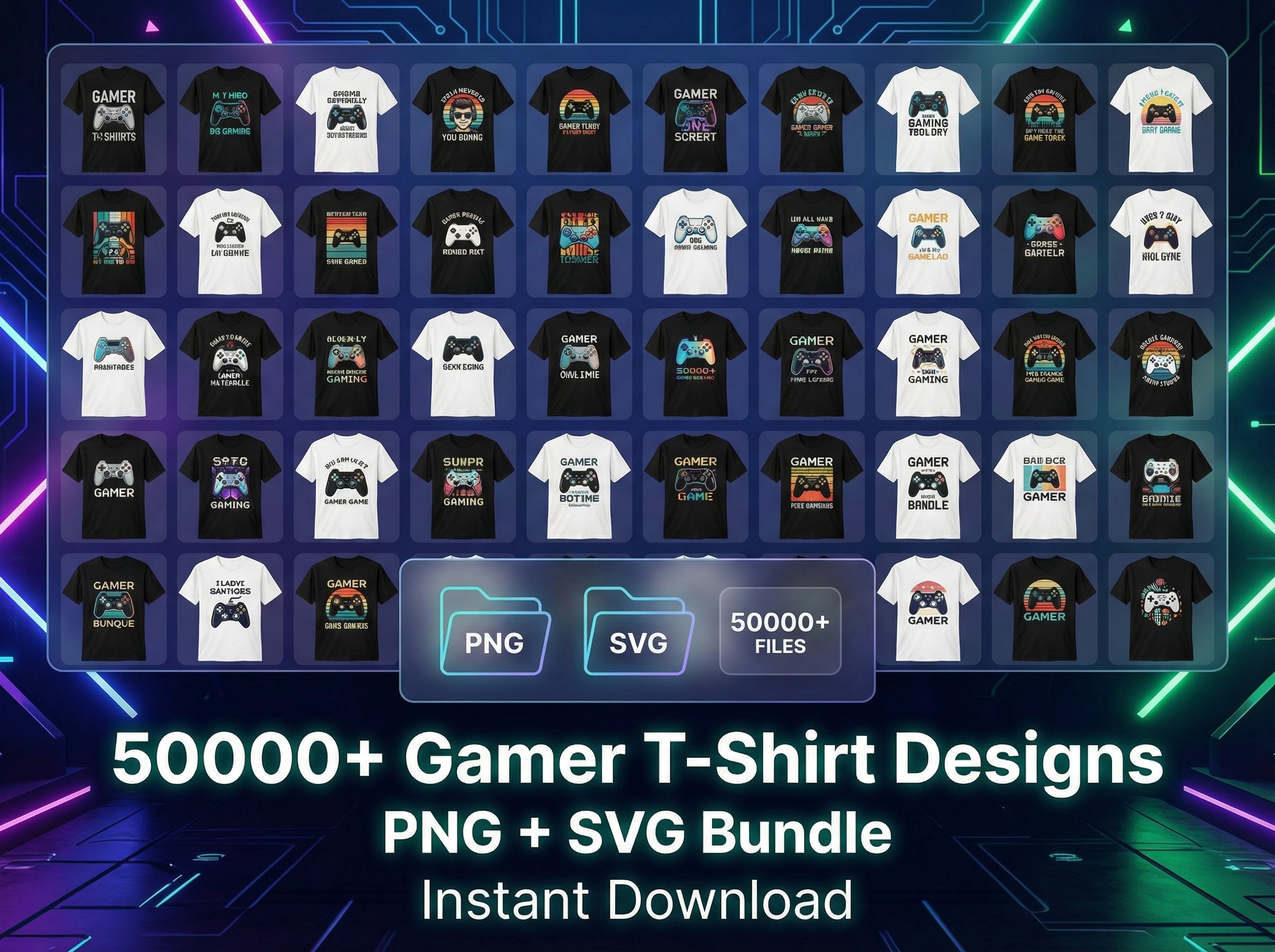 50000+ Gamer T-Shirt Designs Bundle, PNG SVG Gaming Graphics Pack