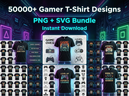 50000+ Gamer T-Shirt Designs Bundle, PNG SVG Gaming-Grafikpaket