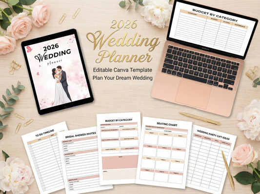 Hochzeitsplaner Canva-Vorlage 2026, editierbares Braut-Bundle
