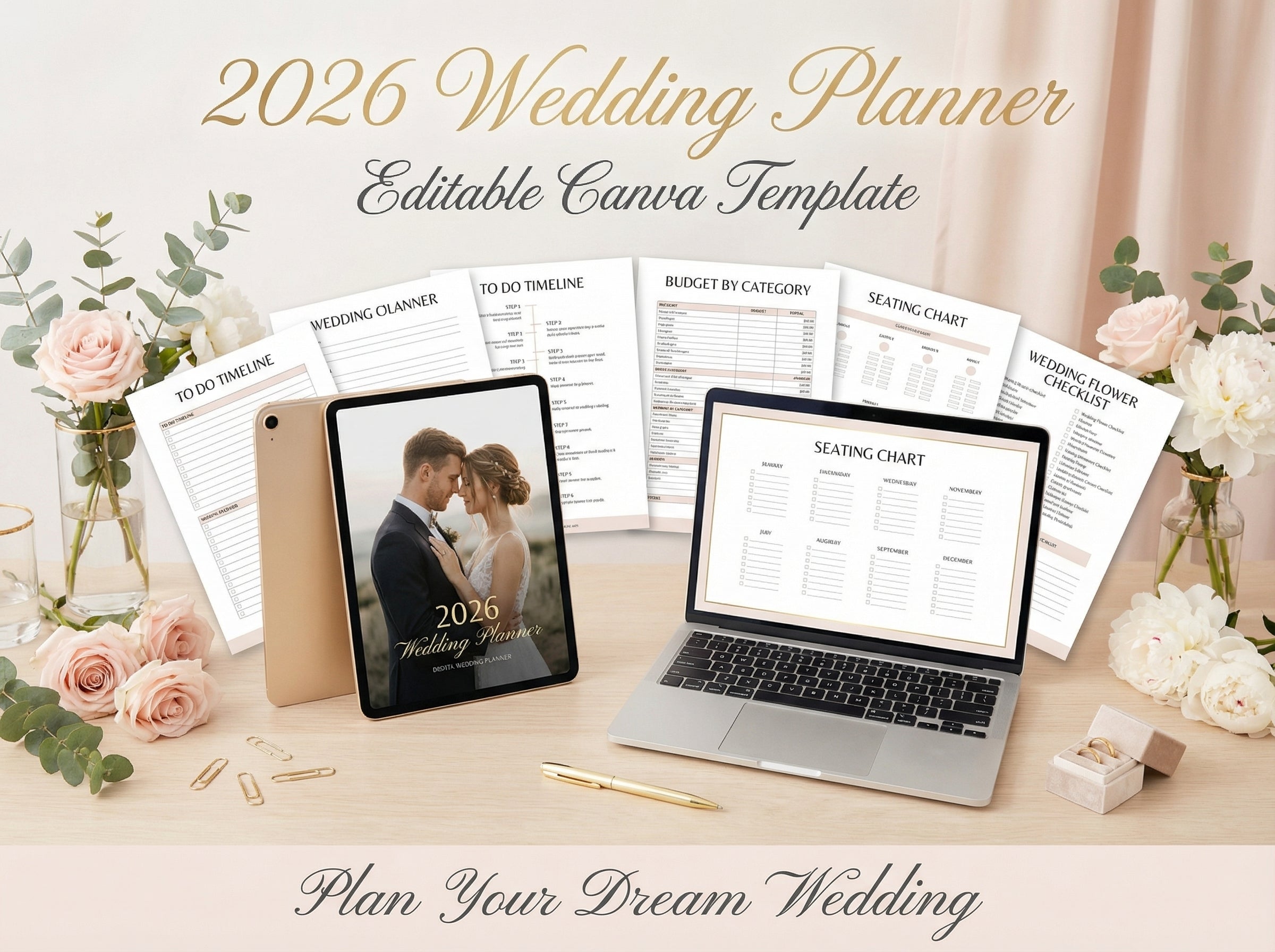 2026 Wedding Planner Canva Template, Editable Bridal Bundle