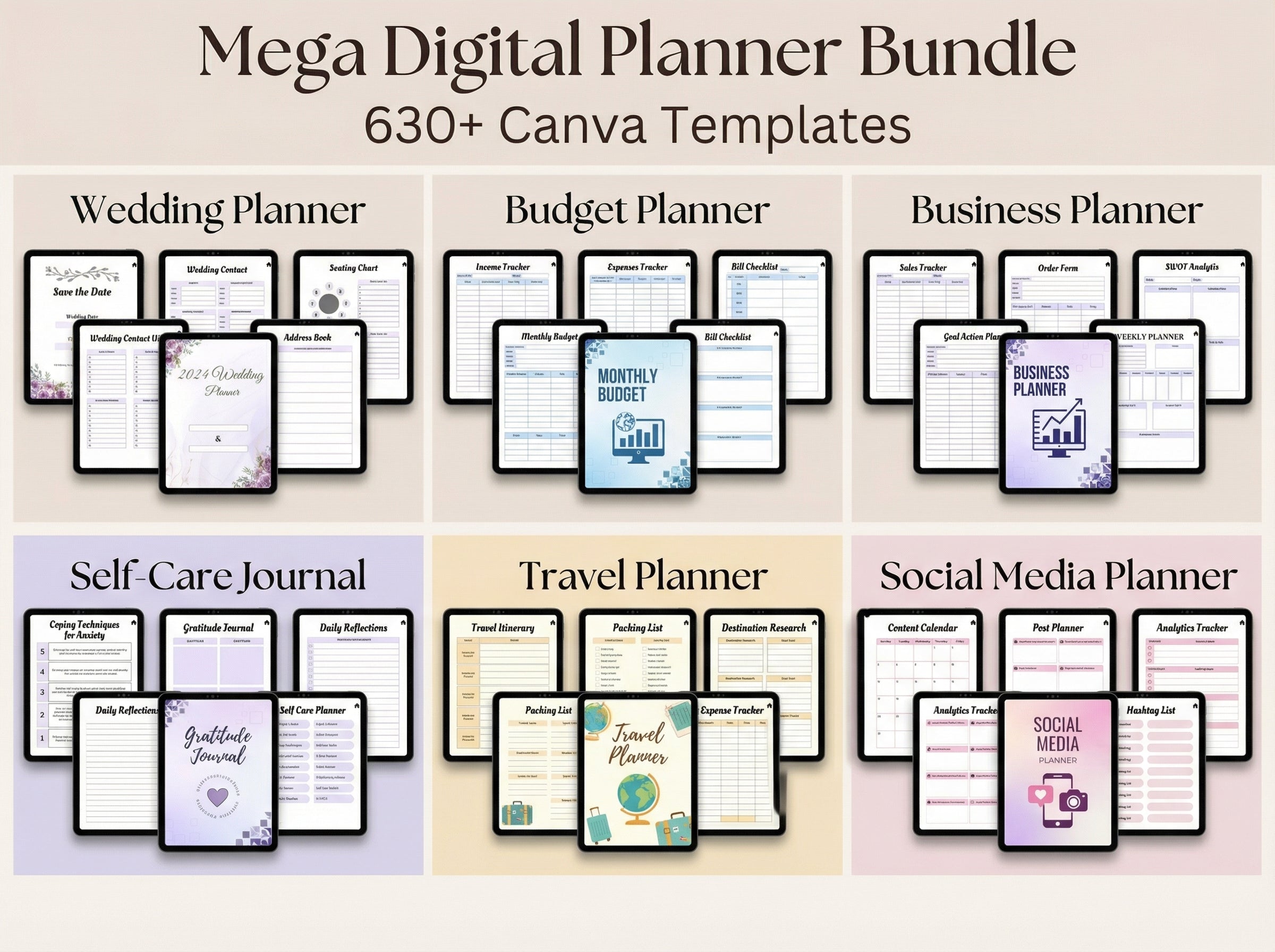 Mega Digital Planner Bundle, 630+ Canva Templates, PDF JPG PNG
