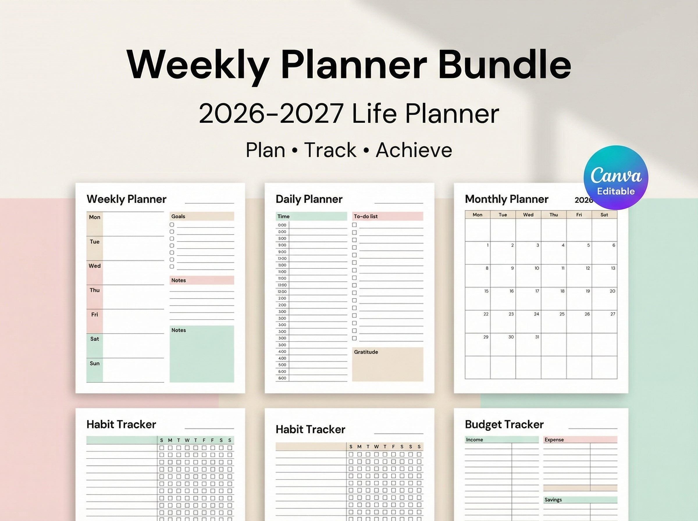 Weekly Planner Canva Bundle, 2026–2027 Life & Goal Planner